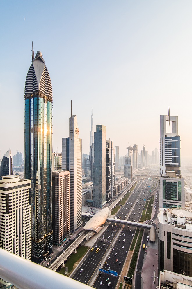 Dubai, UAE – October, 2018. Dubai skyline in sunset time, United Arab Emirates Dubai skyline in sunset time, United Arab Emirates